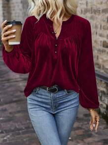 SHEIN Clasi 鋸齒領口圓球袖t恤 - 酒紅色 - 查看 4