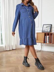SHEIN Vestido De Mezclilla De Maternidad Con Dobladillo De Volante Y Cuello De Camisa