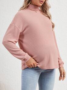 SHEIN Maternity Turtleneck Drop Shoulder Ribbed Knit Tee - Pink - View 5