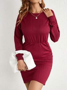 SHEIN LUNE Chất rắn Thả vai Xù Váy bodycon - Đỏ - Xem 3