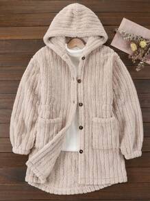 Juniors' Button Front Hooded Fleece Coat For Girls - Apricot - View 1
