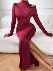 SHEIN Privé 女士不對稱肩高開叉裙