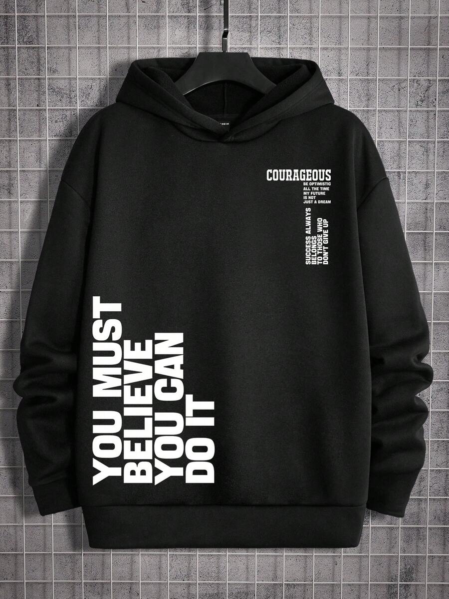 SHEIN Extended Sizes Men Plus Slogan Graphic Drop Shoulder Hoodie - Black - View 1