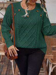 SHEIN LUNE Plus Button Detail Raglan Sleeve Sweater - Green - View 4