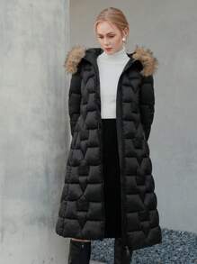 Anewsta Women's Hooded Padded Coat With Zipper & Patchwork Design, Plush Hat Brim & Slanted Pockets - Black - View 7