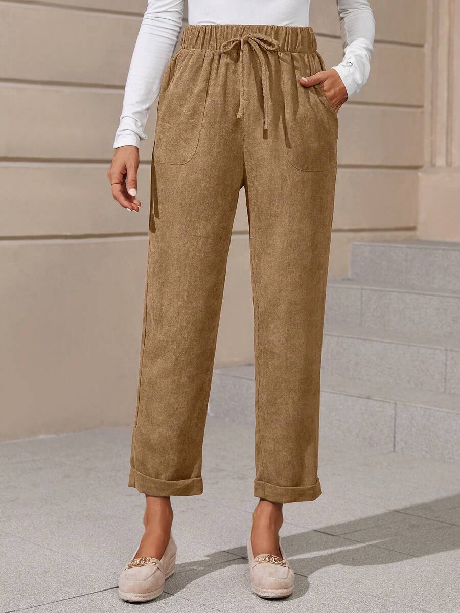 EMERY ROSE Eo dây rút Túi nghiêng Quần chân thẳng - Màu Khaki - Xem 1