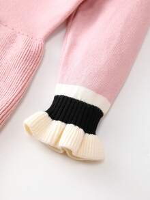 Đứa bé gái Sọc trang trí Cổ tròn tay áo lá sen Xù Hoa Sen Đầm Áo len - Hồng - Xem 3