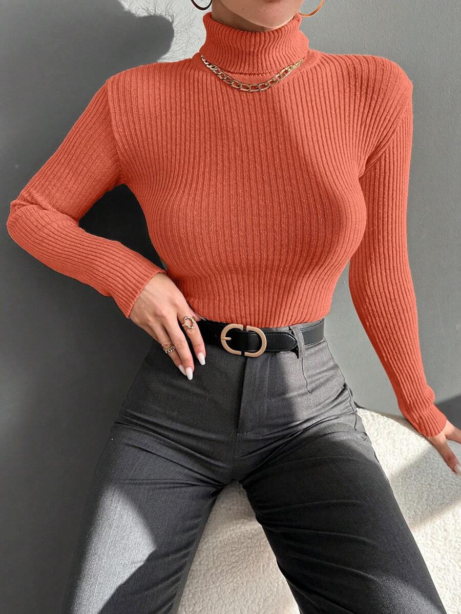 SHEIN Cottnline Turtleneck Ribbed Knit Sweater - Burnt Orange - View 1