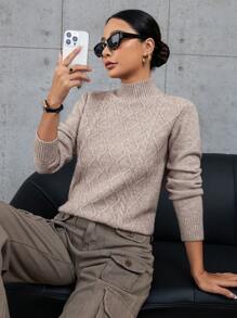 SHEIN Essnce 小高領麻花編織套頭毛衣 - 卡其色 - 查看 1