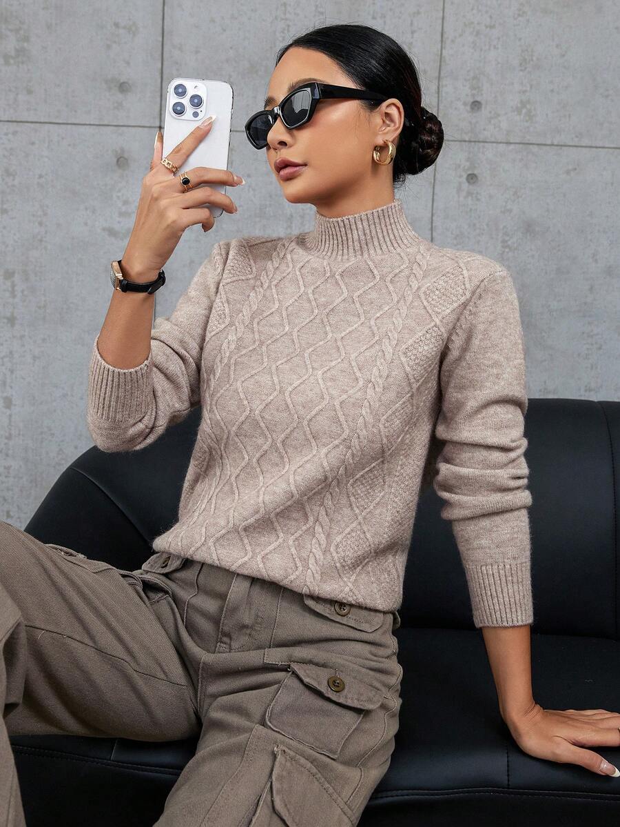 SHEIN Essnce 小高領麻花編織套頭毛衣 - 卡其色 - 查看 1