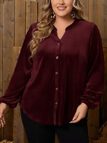 EMERY ROSE 女士加大號分翻領前鈕扣上衣 - 酒紅色 - 查看 3