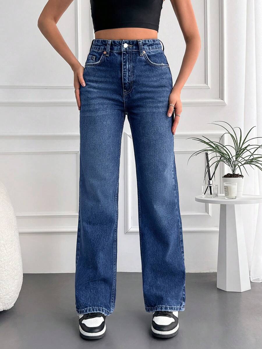 SHEIN Cottnline Women's Zipper Fly Denim Jeans - Medium Wash - View 1