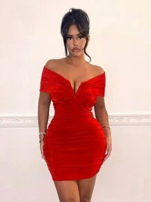SHEIN SXY new year eve red off Shoulder Ruched Bodycon Dress - Red - View 3