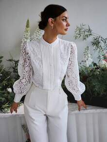 Sollinarry Women's Elegant Commuting Solid Color Lace Patchwork Pleated Long Sleeve Blouse, Autumn - White - View 1