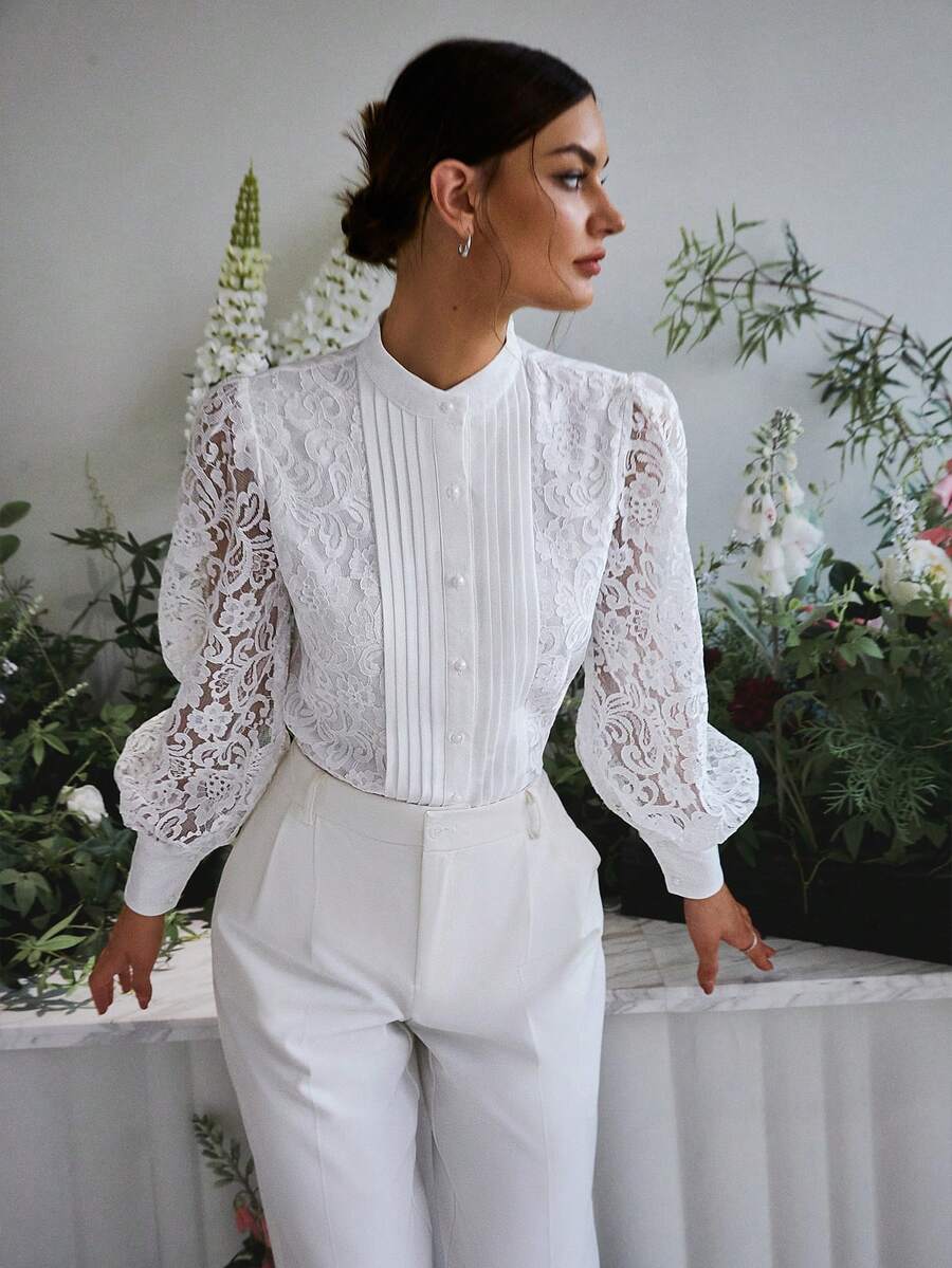 Sollinarry Women's Elegant Commuting Solid Color Lace Patchwork Pleated Long Sleeve Blouse, Autumn - White - View 1