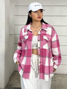 SHEIN EZwear 女性大碼寬鬆長款外套帶粉色的格紋提花編織,中等長度 - 玫紅色 - 查看 5