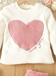 女童心形和字母刺繡法蘭絨睡衣套裝 - 藕粉色 - 查看 4