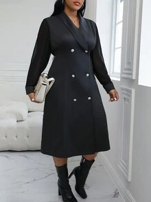 SHEIN Essnce Kích thước lớn DOUBLE-BREASTED Cape Vòng cổ Đầm - màu đen - Xem 3