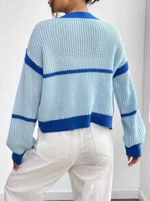 SHEIN Unity 條紋圖案落肩袖開襟衫 - 藍色 - 查看 2