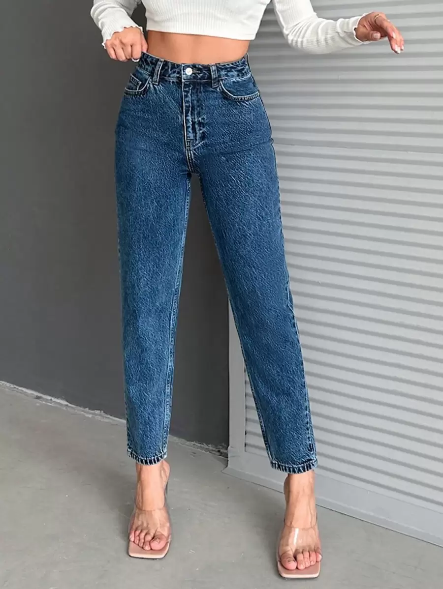 EURMUSE 純色媽媽牛仔褲 - 深色水洗藍 - 查看 1