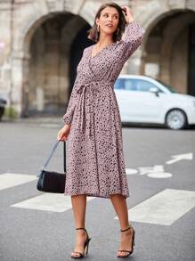 SHEIN Clasi 女士波點印花燈籠袖連腰帶連衣裙 - 粉色 - 查看 4