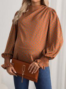 SHEIN Maternity Allover Print Funnel Neck Blouse - Rust Brown - View 4