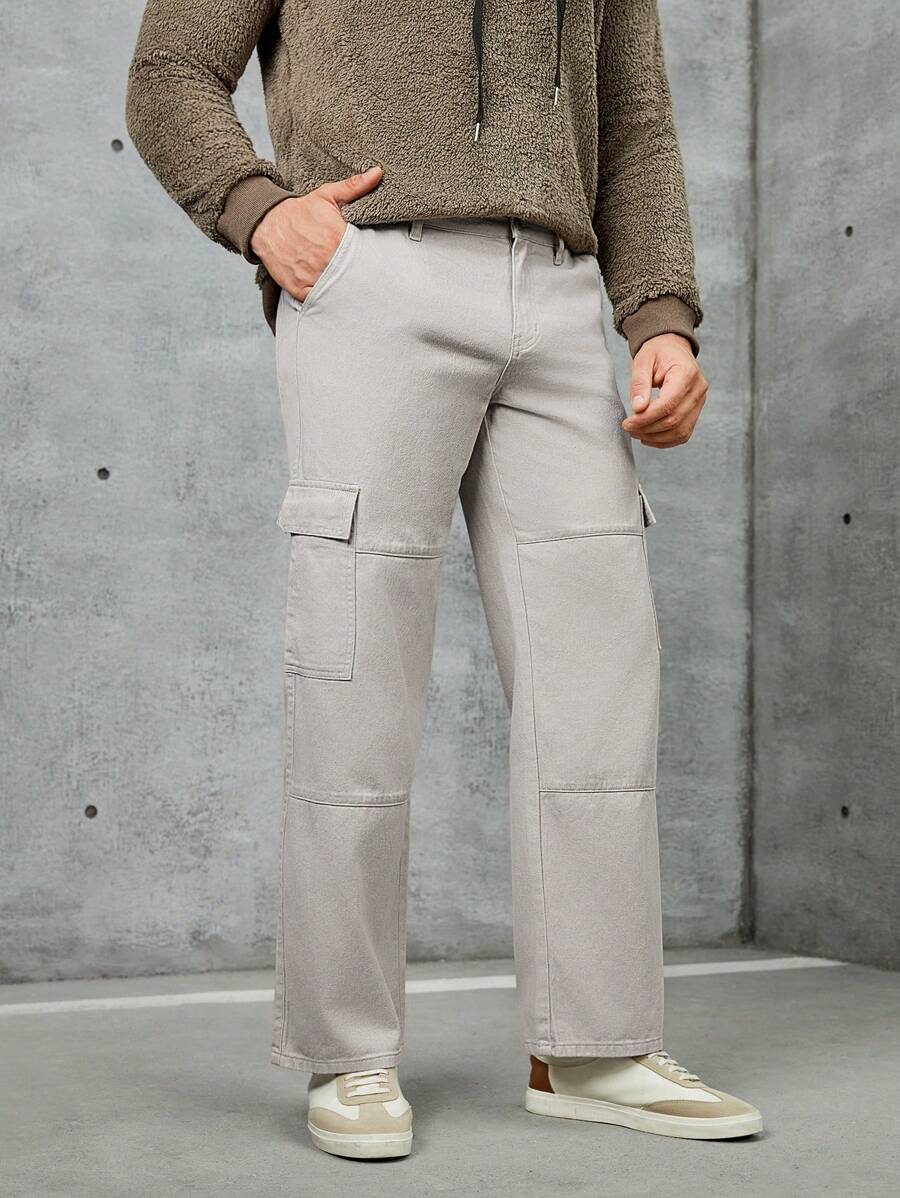 Manfinity Homme Lỏng lẻo Nam Quần jean chở hàng Với Flap túi Bên - Màu Xám nhạt - Xem 1