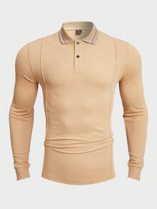 GENTILAND 男士純色針織休閒 Polo 衫 - 卡其色 - 查看 4