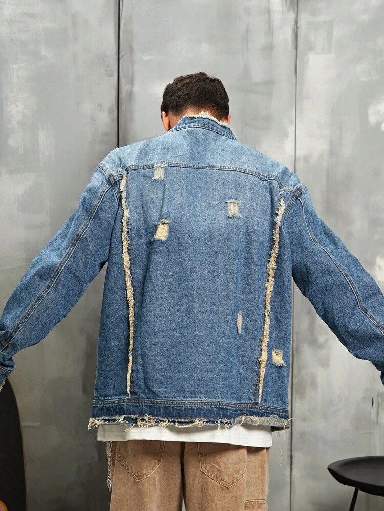 Men's Oversized Distressed Frayed Edge Denim Jacket