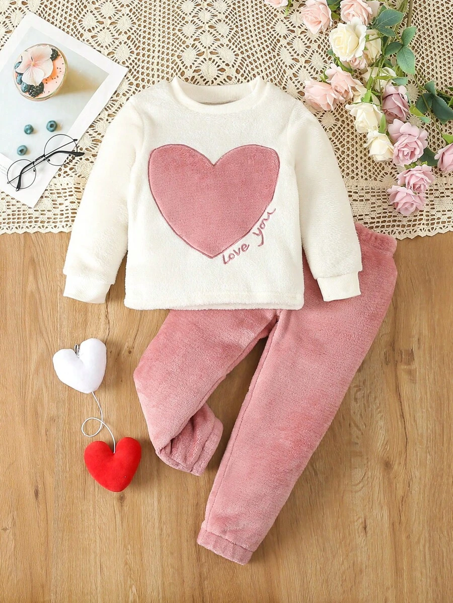 女童心形和字母刺繡法蘭絨睡衣套裝 - 藕粉色 - 查看 1