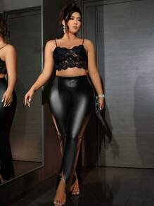 Celure Plus Split Hem PU Leather Pants - Black - View 3