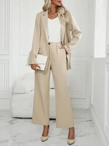 SHEIN Privé 1入組套裝套裝帶套裝翻領和前 - 卡其色 - 查看 6