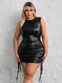 SHEIN SXY Plus Size Ruched Drawstring Pu Bodycon Dress - Black - View 6