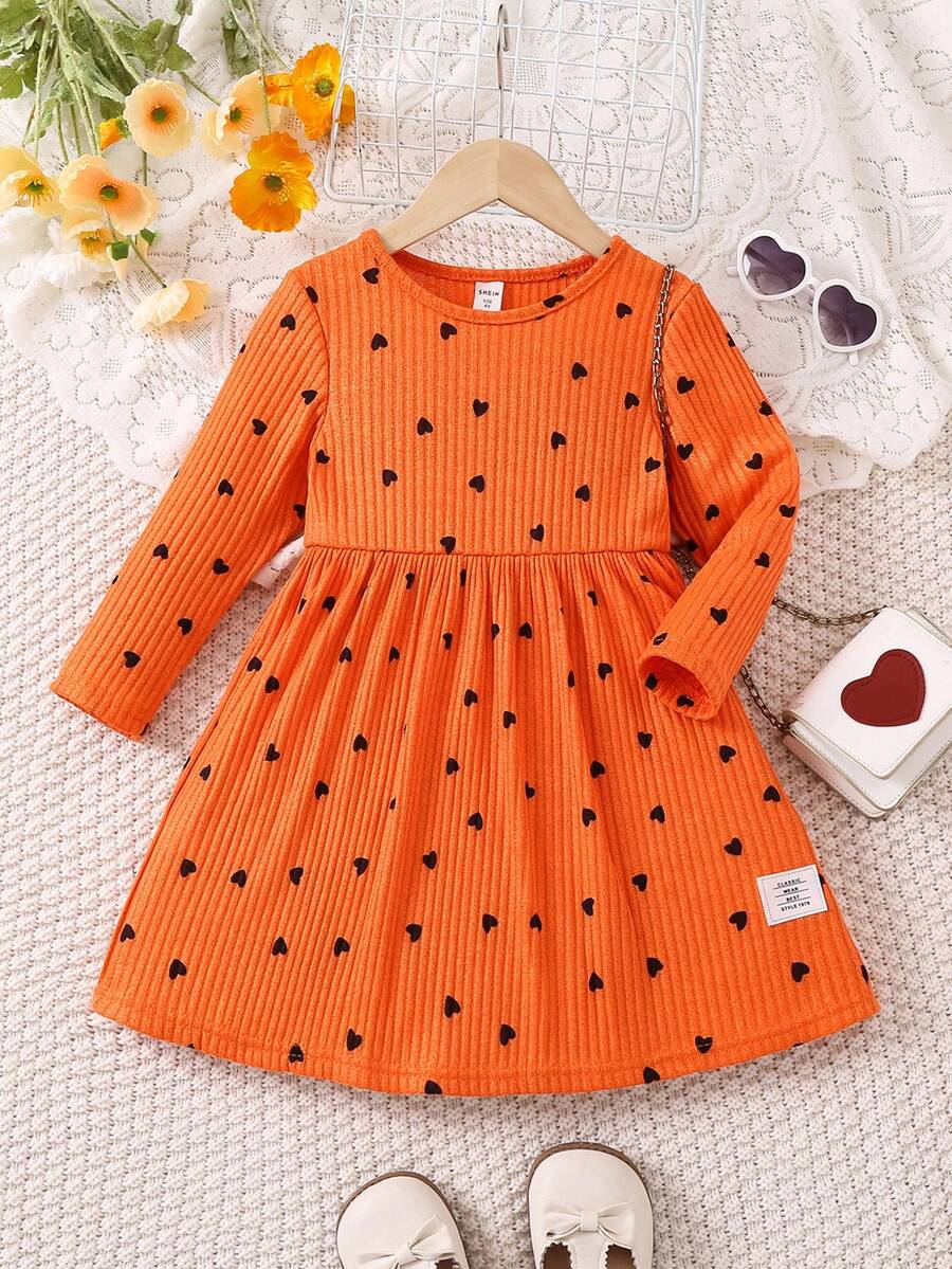 SHEIN Girls' Heart Print Letter Patchwork Dress - Orange - View 1