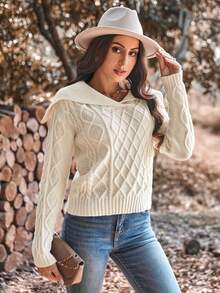 Aveloria 女士粗領長袖毛衣 - 杏色 - 查看 3