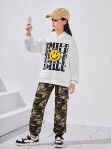 SHEIN Tween Girl Cartoon & Letter Graphic Hoodie & Camo Print Pants