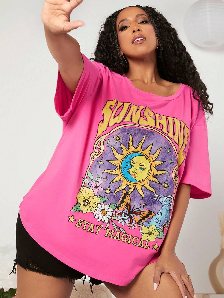 SHEIN CURVE+ Plus Size Sun And Moon Printed Drop Shoulder T-Shirt - Hot Pink - View 1