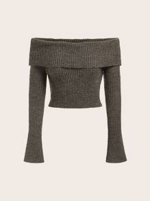 SHEIN ICON Gấp lại Off Shoulder Đồ đan Ribbed Áo len - Xám - Xem 1