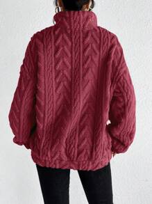 SHEIN Frenchy Cable Knit Drop Shoulder Half Zip Hoodie,Long Sleeve Tops In Fall/Winter - Burgundy - View 2