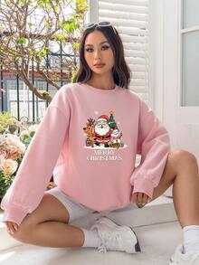 SHEIN EZwear In Giáng sinh Thả vai Áo nỉ - Màu Hồng baby - Xem 3