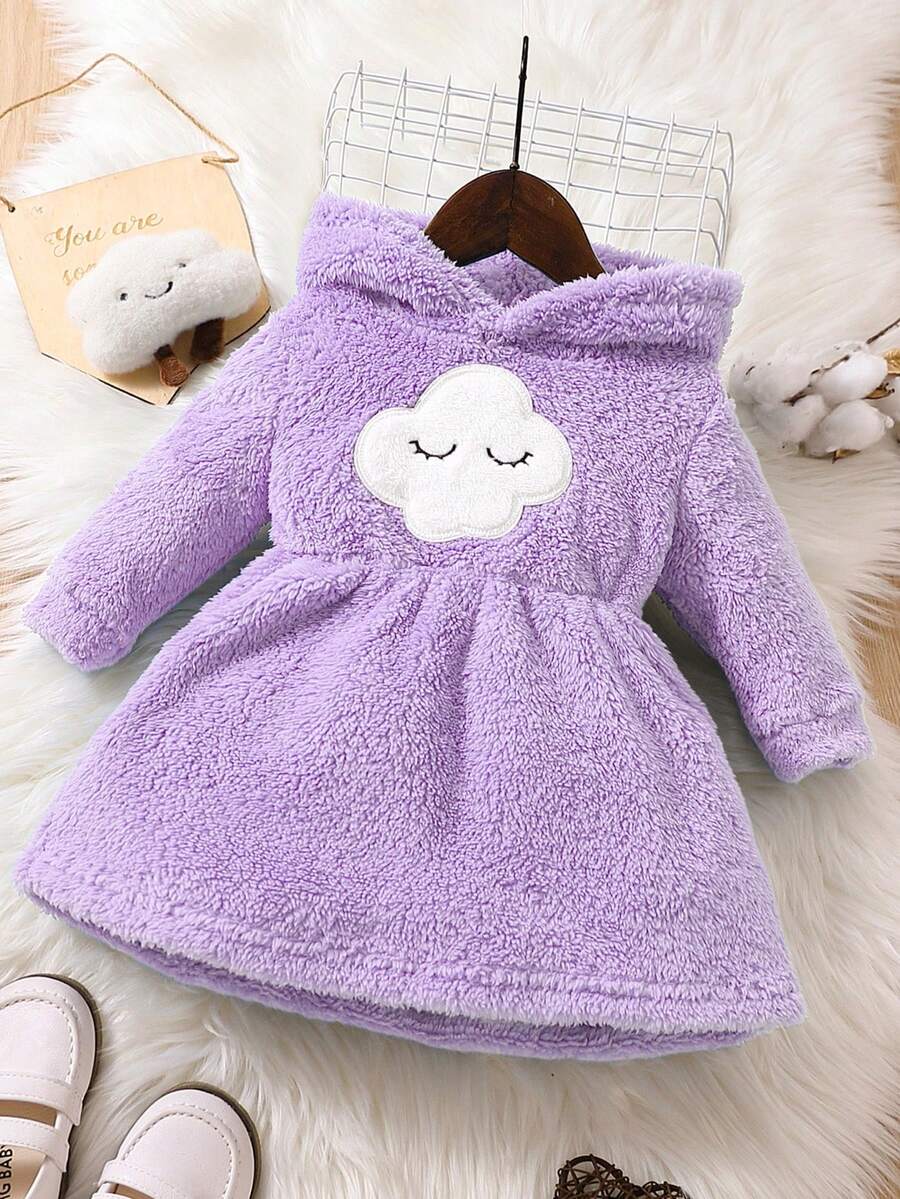 Baby Girls' Cartoon Applique Hooded Plush Dress - Purple - View 1
