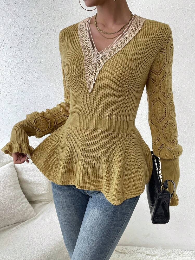 Contrast Lace Hem Ruffle Trim Knit Pullover Fall Winter Sweater