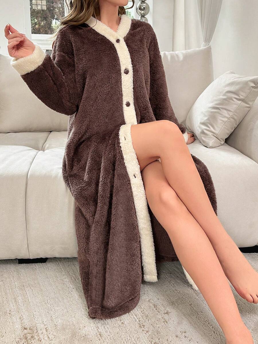 Plush Home Robe With Color-contrast Rolled Edges, Button Up Front - Brown - View 1