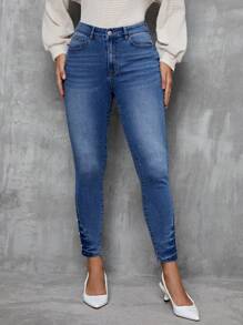 SHEIN LUNE Jeans Ajustados De Mujer Con Bolsillos Inclinados Y Detalles De Botones