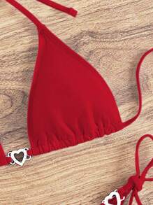 SHEIN Swim Conjunto de bikini de triángulo con escote halter en forma de corazón para playa de verano