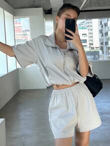 Dazy Star Zipper Front Half Sleeve Top And Shorts Set - Light Grey - View 8