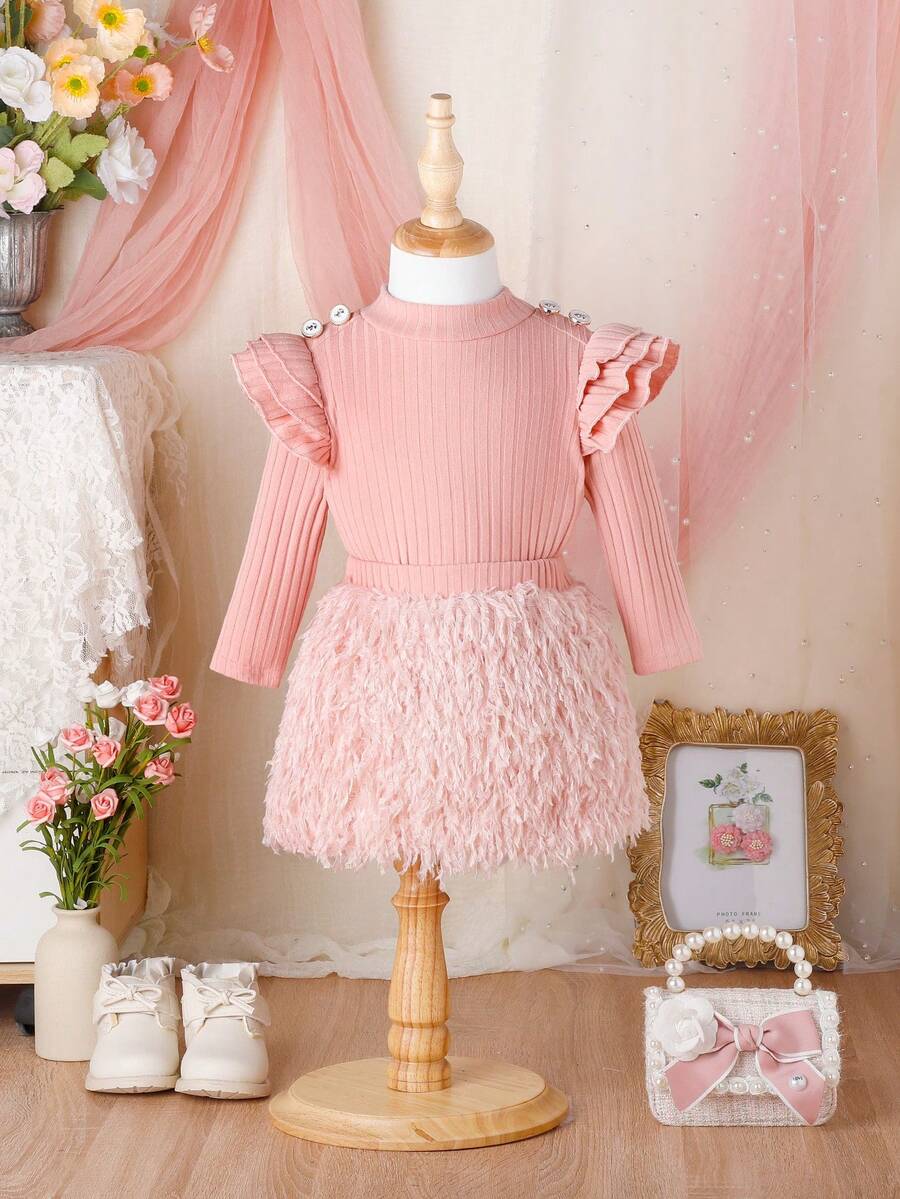 女嬰連結細節荷葉邊羅紋針織 T 恤和毛絨裙 2 件/套 - 粉色 - 查看 1
