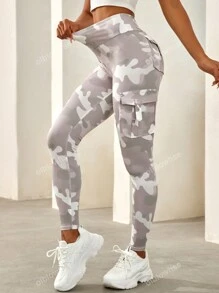 Camo Print Flap Pocket Side Running Yoga Stretch Leggings