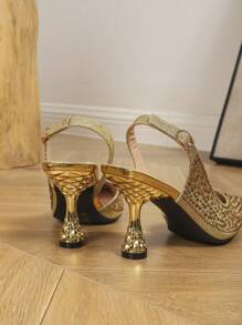 Women's Gold Rhinestone Pointed Toe Square High Heel Sandals, With Ankle Strap, Spring/Summer New Arrival - Gold - View 5