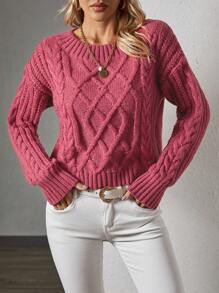 SHEIN Essnce Round Neck Drop Shoulder Loose Fit Sweater Pullover - Rose Red - View 5